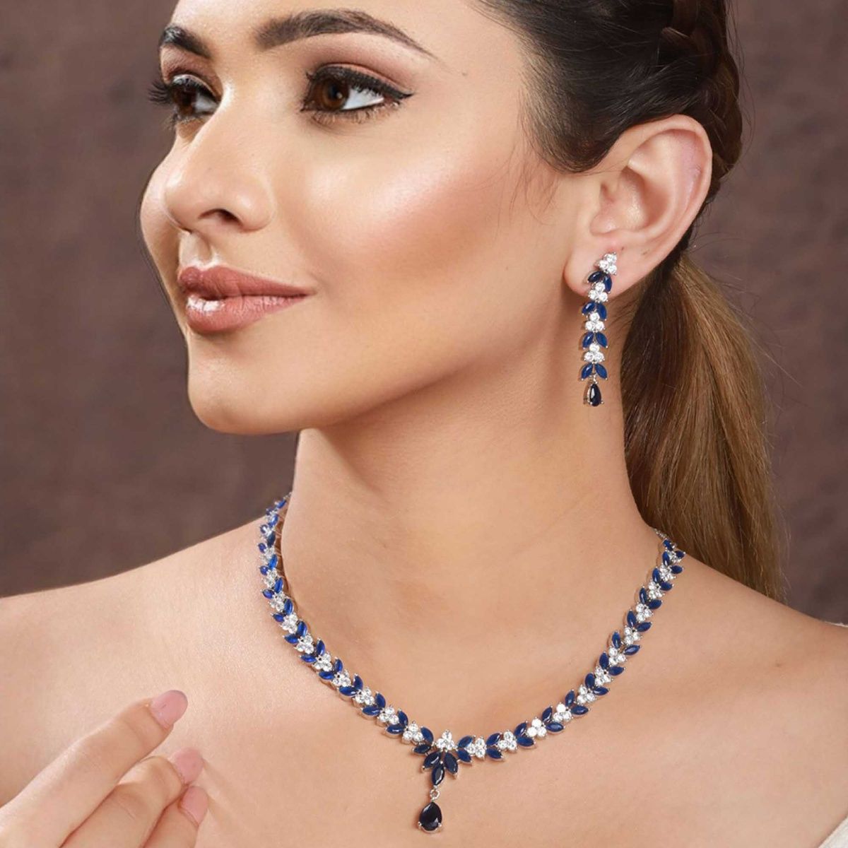 925 Sterling Silver Necklace Set Studded With Royal Blue Stones – VOYLLA